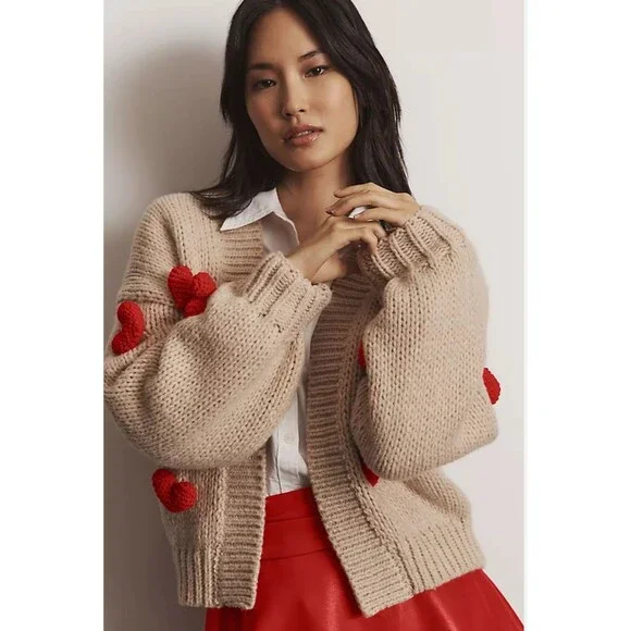 Anthropologie Maeve Cardigan Sweater The Susannah 3D Heart Preppy One Size NWT - Picture 3 of 11